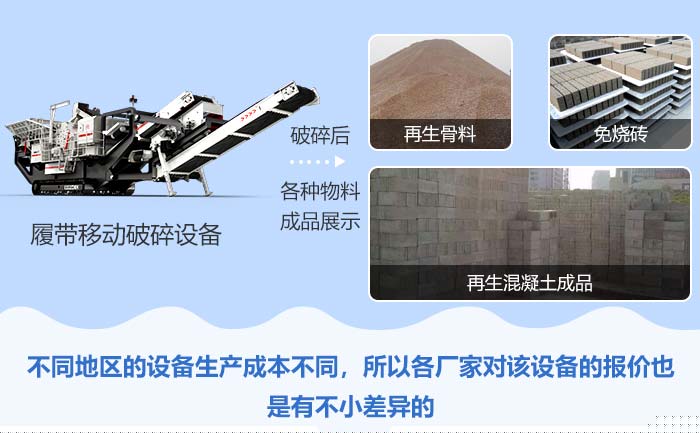 履帶式移動破碎設備處理后的再生骨料、免燒磚、再生混凝土